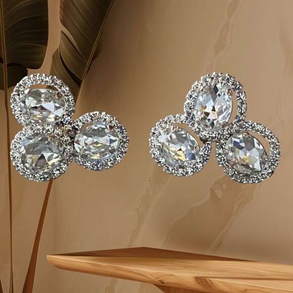 Vintage Silver Cluster Oval Trio Statement Earrings​ - Picture 2 of 7